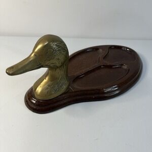 Vintage Brass Duck Head Wood Valet Tray MCM Decor Taiwan Keys Jewelry‎ Trinket